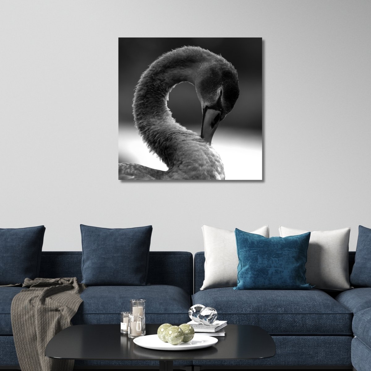 Zwaan zwartwitte natuurfoto op canvas als wanddecoratie